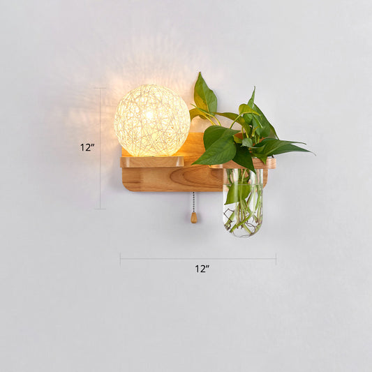 1-Light Rattan Wall Light Fixture Nordic Ball Living Room Sconce Lamp with Pull Chain and Plant Pot White Left Clearhalo 'Industrial wall lights' 'Industrial' 'Middle century wall lights' 'Rustic wall lights' 'Tiffany' 'Wall Lamps & Sconces' 'Wall Lights' Lighting' 2364592
