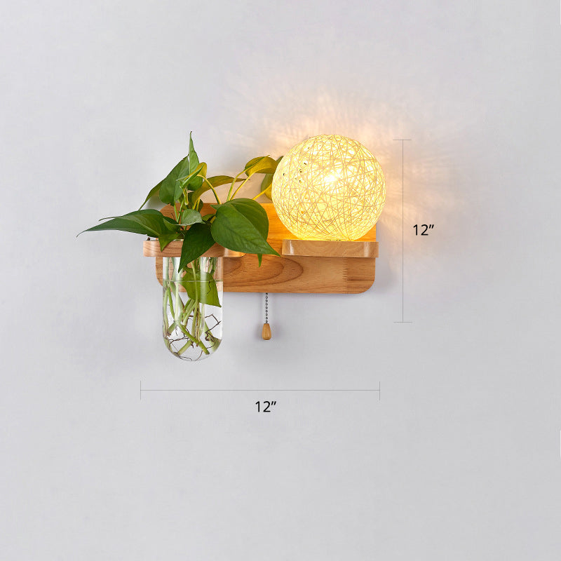 1-Light Rattan Wall Light Fixture Nordic Ball Living Room Sconce Lamp with Pull Chain and Plant Pot Beige Right Clearhalo 'Industrial wall lights' 'Industrial' 'Middle century wall lights' 'Rustic wall lights' 'Tiffany' 'Wall Lamps & Sconces' 'Wall Lights' Lighting' 2364593