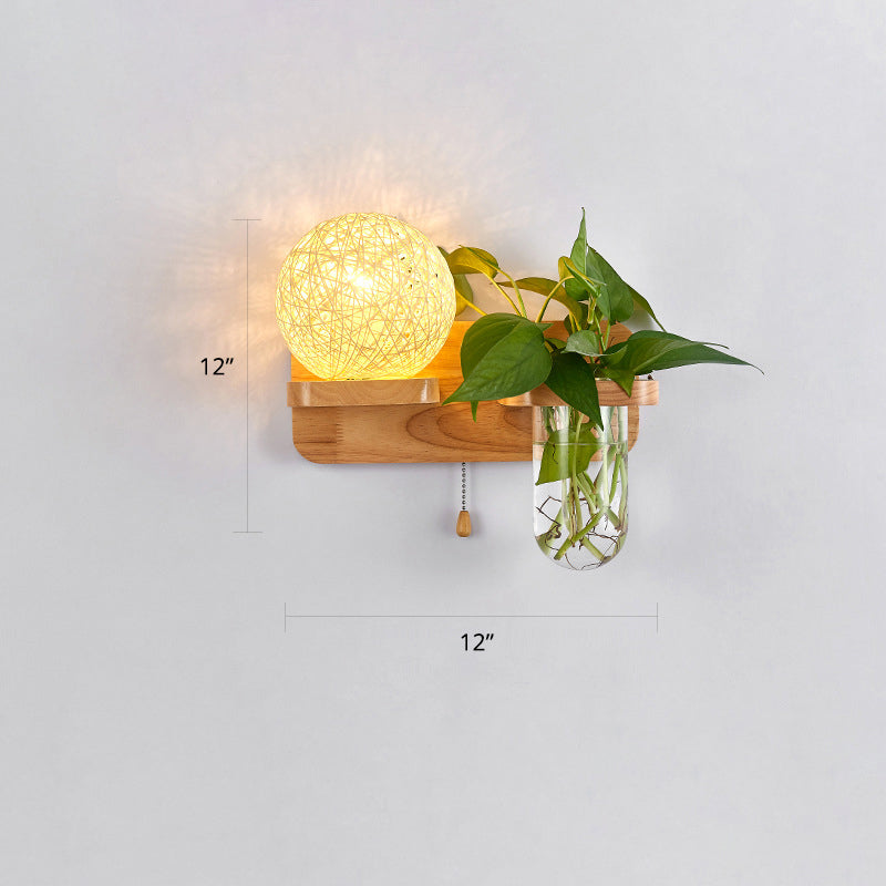 1-Light Rattan Wall Light Fixture Nordic Ball Living Room Sconce Lamp with Pull Chain and Plant Pot Beige Left Clearhalo 'Industrial wall lights' 'Industrial' 'Middle century wall lights' 'Rustic wall lights' 'Tiffany' 'Wall Lamps & Sconces' 'Wall Lights' Lighting' 2364594