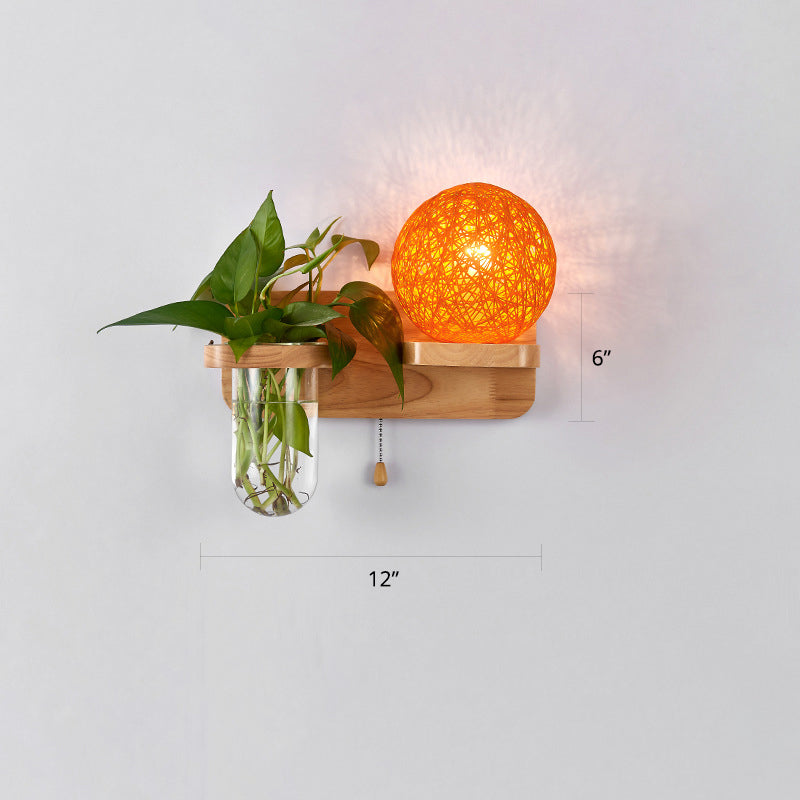 1-Light Rattan Wall Light Fixture Nordic Ball Living Room Sconce Lamp with Pull Chain and Plant Pot Orange Right Clearhalo 'Industrial wall lights' 'Industrial' 'Middle century wall lights' 'Rustic wall lights' 'Tiffany' 'Wall Lamps & Sconces' 'Wall Lights' Lighting' 2364595