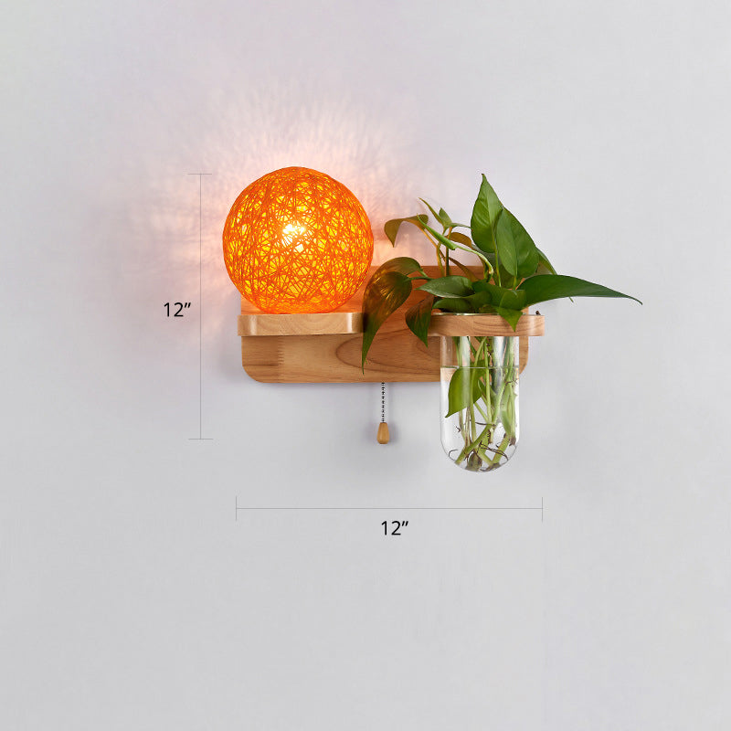 1-Light Rattan Wall Light Fixture Nordic Ball Living Room Sconce Lamp with Pull Chain and Plant Pot Orange Left Clearhalo 'Industrial wall lights' 'Industrial' 'Middle century wall lights' 'Rustic wall lights' 'Tiffany' 'Wall Lamps & Sconces' 'Wall Lights' Lighting' 2364596