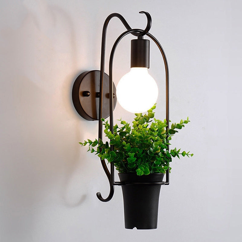 indoor plant wall sconces Black-Green Faux Bonsai Wall Lamp Nordic Metal 1-Light Bedroom Sconce Light Fixture