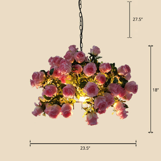 Rustic Circle Hanging Lamp Single Metal Pendant Light Fixture with Fake Flower and Leaf Pink Clearhalo 'Art Deco Pendants' 'Cast Iron' 'Ceiling Lights' 'Ceramic' 'Crystal' 'Industrial Pendants' 'Industrial' 'Metal' 'Middle Century Pendants' 'Pendant Lights' 'Pendants' 'Tiffany' Lighting' 2364606