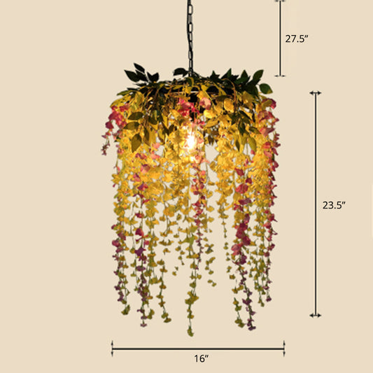 Rustic Circle Hanging Lamp Single Metal Pendant Light Fixture with Fake Flower and Leaf Green-Yellow Clearhalo 'Art Deco Pendants' 'Cast Iron' 'Ceiling Lights' 'Ceramic' 'Crystal' 'Industrial Pendants' 'Industrial' 'Metal' 'Middle Century Pendants' 'Pendant Lights' 'Pendants' 'Tiffany' Lighting' 2364608