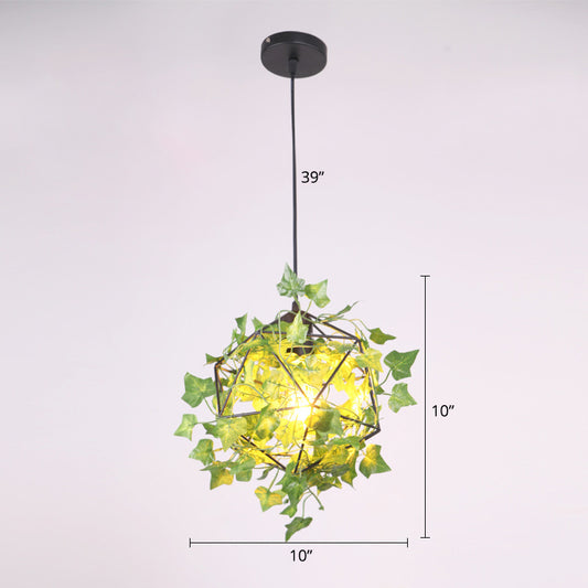Metal Geometric Cage Drop Pendant Industrial 1 Bulb Restaurant Suspension Light with Faux Leaf Decor Light Green Clearhalo 'Art Deco Pendants' 'Cast Iron' 'Ceiling Lights' 'Ceramic' 'Crystal' 'Industrial Pendants' 'Industrial' 'Metal' 'Middle Century Pendants' 'Pendant Lights' 'Pendants' 'Tiffany' Lighting' 2364634