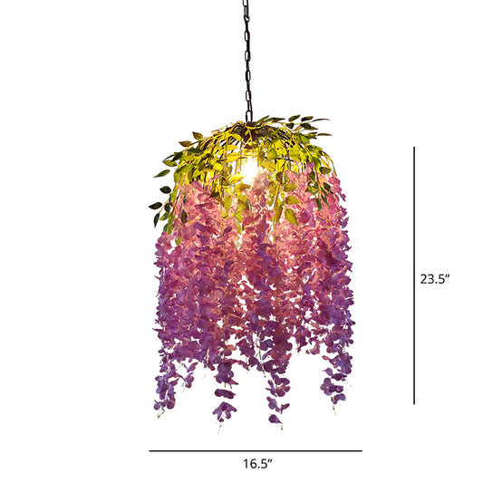 Round Metal Pendant Lamp Industrial 1 Head Dining Room Ceiling Light with Artificial Vines Purple Clearhalo 'Art Deco Pendants' 'Cast Iron' 'Ceiling Lights' 'Ceramic' 'Crystal' 'Industrial Pendants' 'Industrial' 'Metal' 'Middle Century Pendants' 'Pendant Lights' 'Pendants' 'Tiffany' Lighting' 2364639