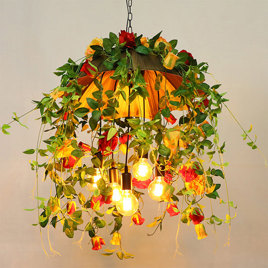 Orange 5-Bulb Pendant Lighting Rustic Metal Dome Chandelier with Art Flower and Leaf Orange Clearhalo 'Cast Iron' 'Ceiling Lights' 'Chandeliers' 'Industrial Chandeliers' 'Industrial' 'Metal' 'Middle Century Chandeliers' 'Rustic Chandeliers' 'Tiffany' Lighting' 2364649