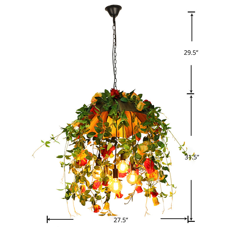 Orange 5-Bulb Pendant Lighting Rustic Metal Dome Chandelier with Art Flower and Leaf Clearhalo 'Cast Iron' 'Ceiling Lights' 'Chandeliers' 'Industrial Chandeliers' 'Industrial' 'Metal' 'Middle Century Chandeliers' 'Rustic Chandeliers' 'Tiffany' Lighting' 2364653