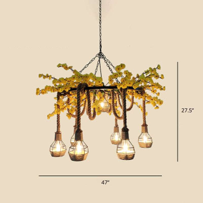 Industrial Artificial Botanic Hanging Lamp Metal Chandelier Light Fixture for Restaurant Yellow Clearhalo 'Cast Iron' 'Ceiling Lights' 'Chandeliers' 'Industrial Chandeliers' 'Industrial' 'Metal' 'Middle Century Chandeliers' 'Rustic Chandeliers' 'Tiffany' Lighting' 2364669