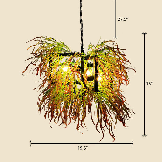 Chandelier Lamp Industrial Cage Iron Pendant Light Fixture with Faux Plant Decor Green-Red Clearhalo 'Cast Iron' 'Ceiling Lights' 'Chandeliers' 'Industrial Chandeliers' 'Industrial' 'Metal' 'Middle Century Chandeliers' 'Rustic Chandeliers' 'Tiffany' Lighting' 2364672