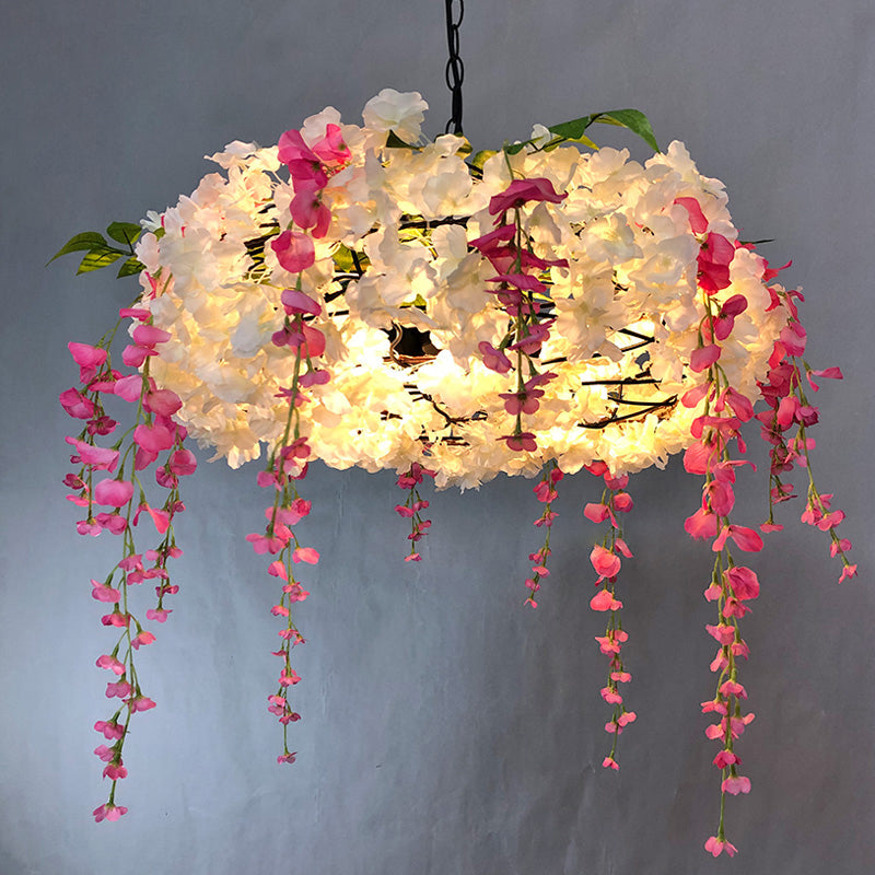 3-Light Round Cage Pendant Lamp Rural Metal Chandelier Light with Artificial Flower White 25.5" Clearhalo 'Cast Iron' 'Ceiling Lights' 'Chandeliers' 'Industrial Chandeliers' 'Industrial' 'Metal' 'Middle Century Chandeliers' 'Rustic Chandeliers' 'Tiffany' Lighting' 2364677