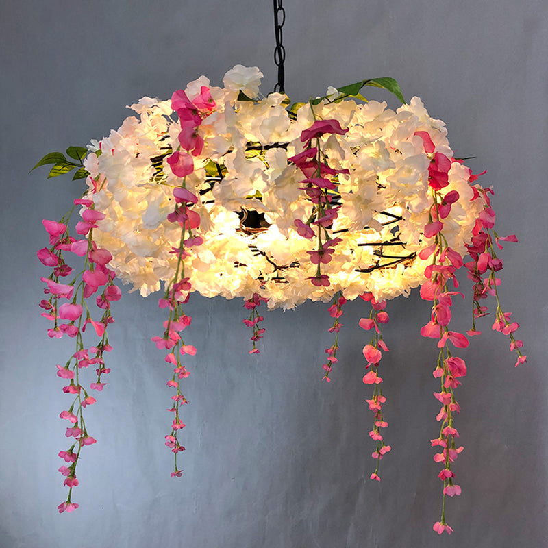 3-Light Round Cage Pendant Lamp Rural Metal Chandelier Light with Artificial Flower White 21.5" Clearhalo 'Cast Iron' 'Ceiling Lights' 'Chandeliers' 'Industrial Chandeliers' 'Industrial' 'Metal' 'Middle Century Chandeliers' 'Rustic Chandeliers' 'Tiffany' Lighting' 2364678