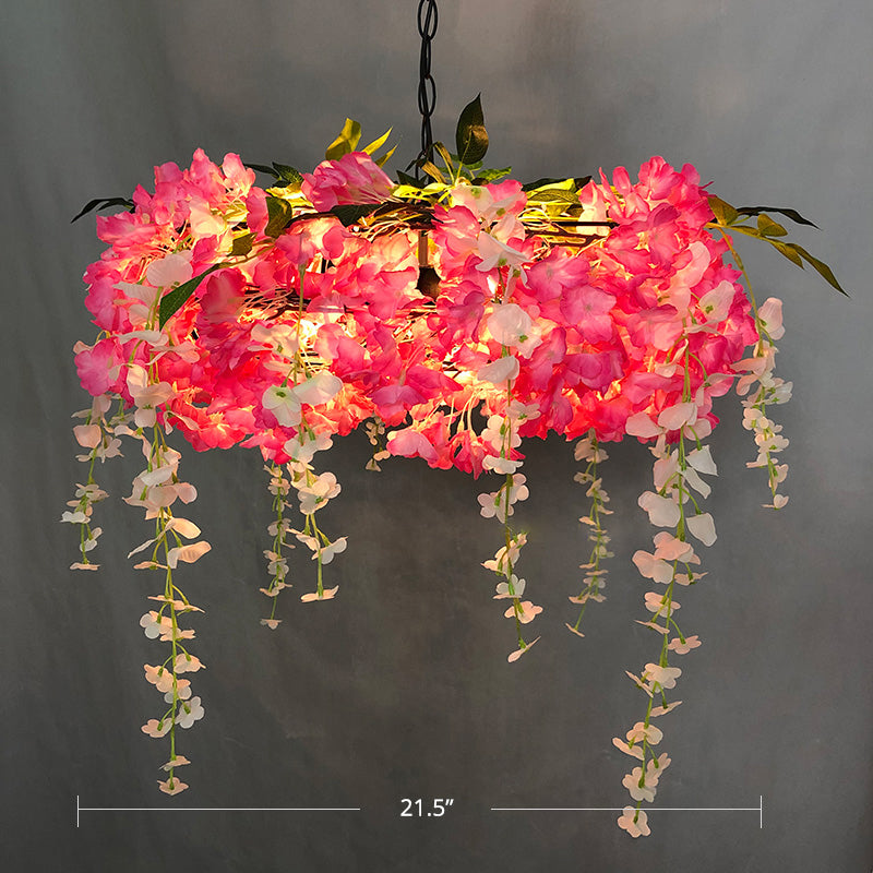 3-Light Round Cage Pendant Lamp Rural Metal Chandelier Light with Artificial Flower Pink 21.5" Clearhalo 'Cast Iron' 'Ceiling Lights' 'Chandeliers' 'Industrial Chandeliers' 'Industrial' 'Metal' 'Middle Century Chandeliers' 'Rustic Chandeliers' 'Tiffany' Lighting' 2364682