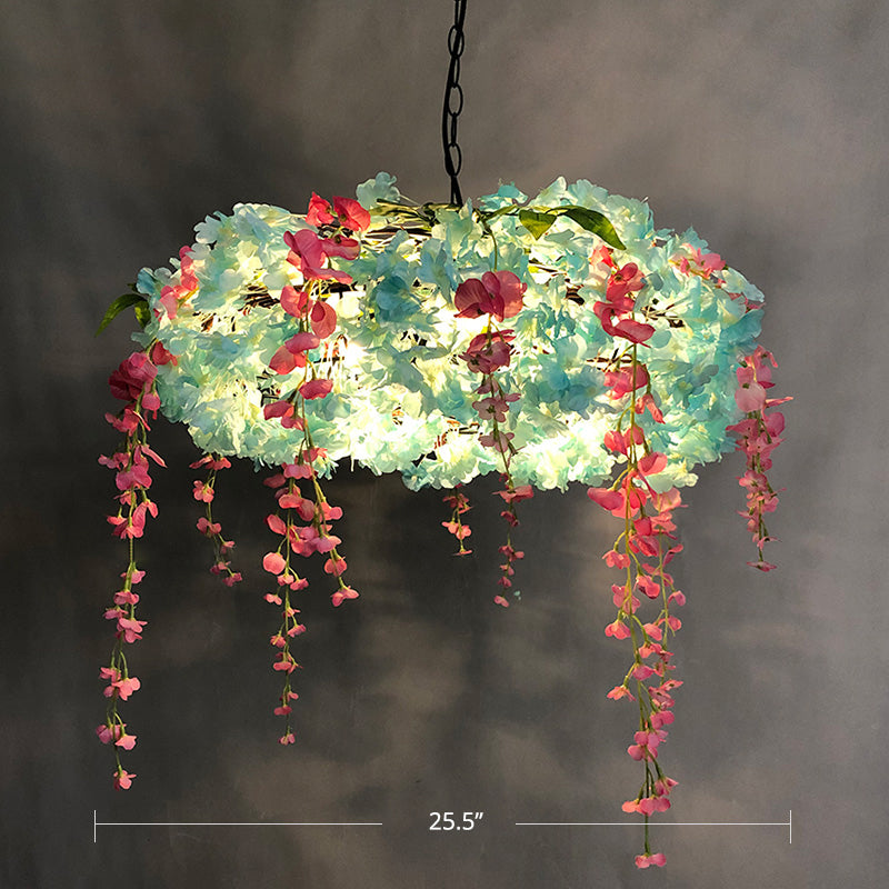 3-Light Round Cage Pendant Lamp Rural Metal Chandelier Light with Artificial Flower Blue 25.5" Clearhalo 'Cast Iron' 'Ceiling Lights' 'Chandeliers' 'Industrial Chandeliers' 'Industrial' 'Metal' 'Middle Century Chandeliers' 'Rustic Chandeliers' 'Tiffany' Lighting' 2364684