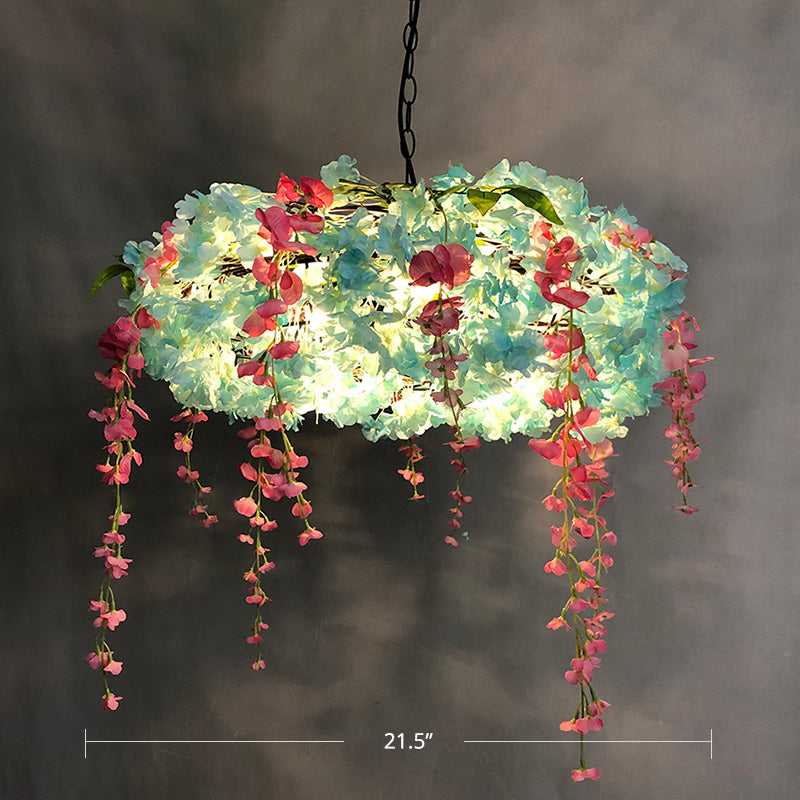 3-Light Round Cage Pendant Lamp Rural Metal Chandelier Light with Artificial Flower Blue 21.5" Clearhalo 'Cast Iron' 'Ceiling Lights' 'Chandeliers' 'Industrial Chandeliers' 'Industrial' 'Metal' 'Middle Century Chandeliers' 'Rustic Chandeliers' 'Tiffany' Lighting' 2364686