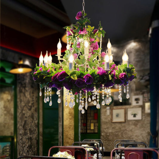 Candle Metal Pendant Chandelier Rustic Restaurant Ceiling Hang Light with Plant Decorations Green-Pink Clearhalo 'Cast Iron' 'Ceiling Lights' 'Chandeliers' 'Industrial Chandeliers' 'Industrial' 'Metal' 'Middle Century Chandeliers' 'Rustic Chandeliers' 'Tiffany' Lighting' 2364693