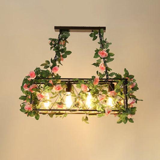 4-Light Rectangle Island Lamp Industrial Black Metal Hanging Light with Faux Plant Decor Green-Pink Clearhalo 'Ceiling Lights' 'Island Lights' Lighting' 2364708