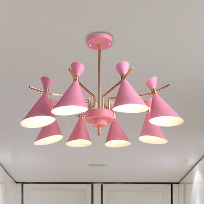 Metal Cone Shade Hanging Light 8 Lights Nordic Hanging Pendant Fixture for Dinging Room Kindergarten Pink Clearhalo 'Ceiling Lights' 'Chandeliers' Lighting' options 236491_ca6cf438-3199-4074-956b-9446877bd8fb