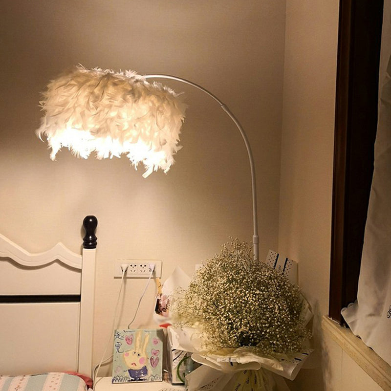 Feather Drum Stand Up Lamp Nordic 1 Bulb Floor Light with Fishing Rod Arm for Bedroom Clearhalo 'Floor Lamps' 'Lamps' Lighting' 2364993