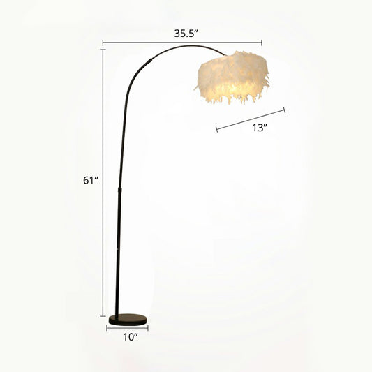 Feather Drum Stand Up Lamp Nordic 1 Bulb Floor Light with Fishing Rod Arm for Bedroom Black Clearhalo 'Floor Lamps' 'Lamps' Lighting' 2364995