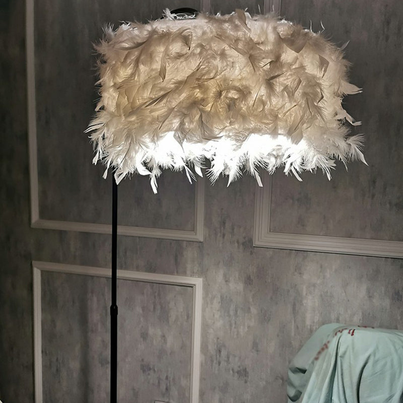 Feather Drum Stand Up Lamp Nordic 1 Bulb Floor Light with Fishing Rod Arm for Bedroom Clearhalo 'Floor Lamps' 'Lamps' Lighting' 2364999