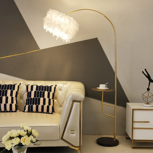 Postmodern Drum Floor Lamp Feather Single Living Room Standing Light with Table and Arc Arm Gold Clearhalo 'Floor Lamps' 'Lamps' Lighting' 2365000