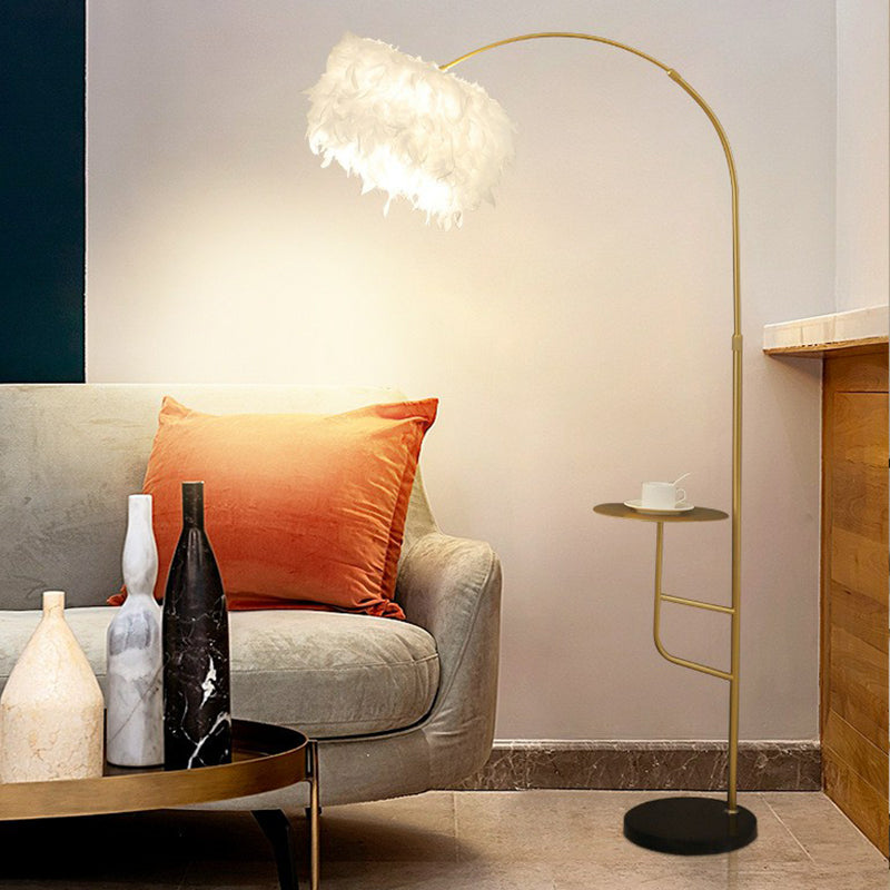 Postmodern Drum Floor Lamp Feather Single Living Room Standing Light with Table and Arc Arm Clearhalo 'Floor Lamps' 'Lamps' Lighting' 2365001