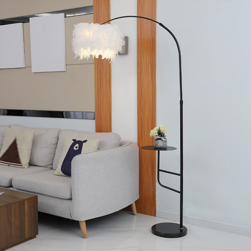 Postmodern Drum Floor Lamp Feather Single Living Room Standing Light with Table and Arc Arm Clearhalo 'Floor Lamps' 'Lamps' Lighting' 2365003
