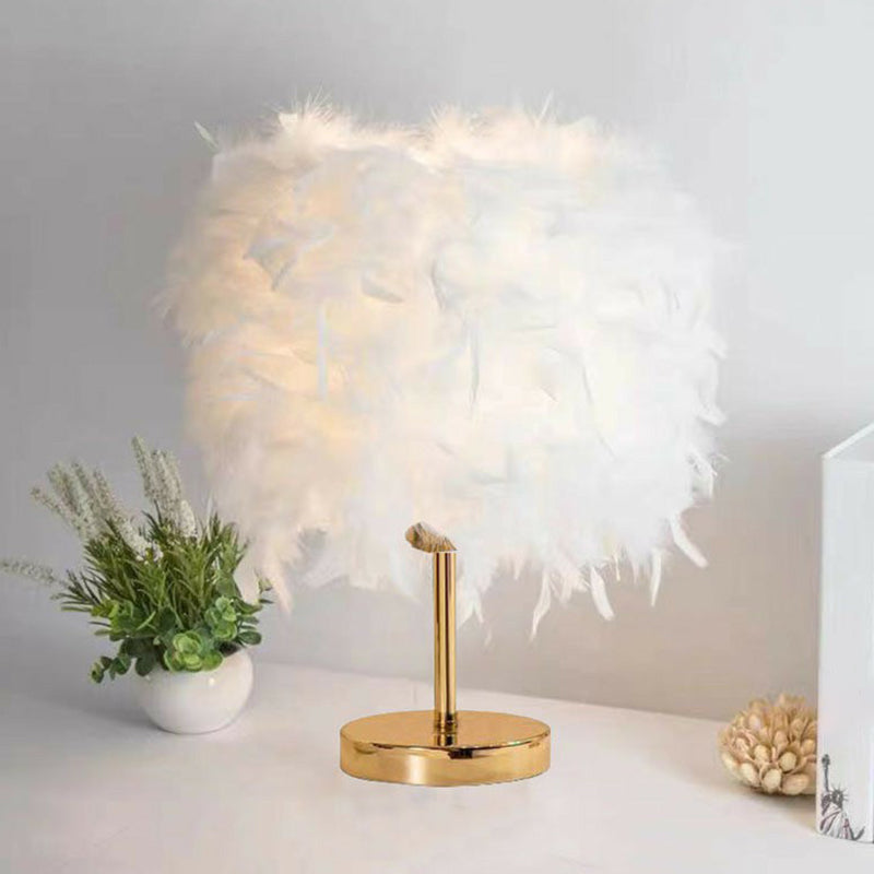 Minimalistic 1 Head Nightstand Lamp Cylindrical Table Light with Feather Shade for Bedroom Gold Clearhalo 'Lamps' 'Table Lamps' Lighting' 2365006