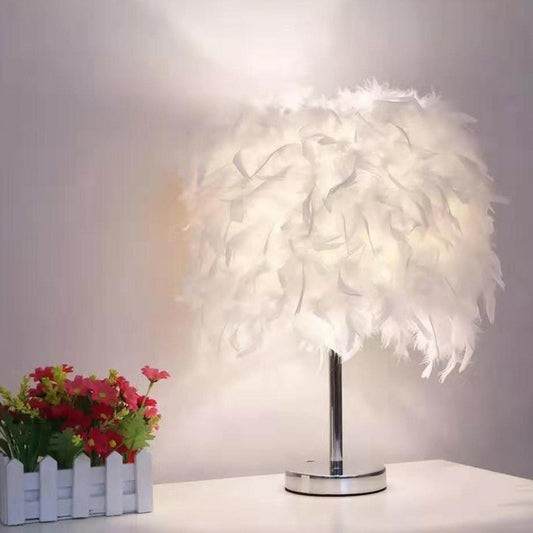 Minimalistic 1 Head Nightstand Lamp Cylindrical Table Light with Feather Shade for Bedroom Silver Clearhalo 'Lamps' 'Table Lamps' Lighting' 2365007
