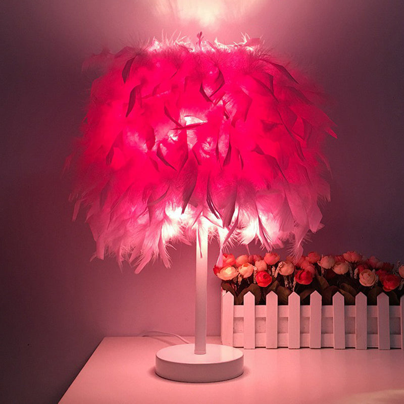 Cylinder Shaped Feather Table Lighting Nordic Single-Bulb Nightstand Lamp for Bedroom White Pink Clearhalo 'Lamps' 'Table Lamps' Lighting' 2365010