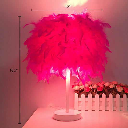 Cylinder Shaped Feather Table Lighting Nordic Single-Bulb Nightstand Lamp for Bedroom White Rose red Clearhalo 'Lamps' 'Table Lamps' Lighting' 2365014