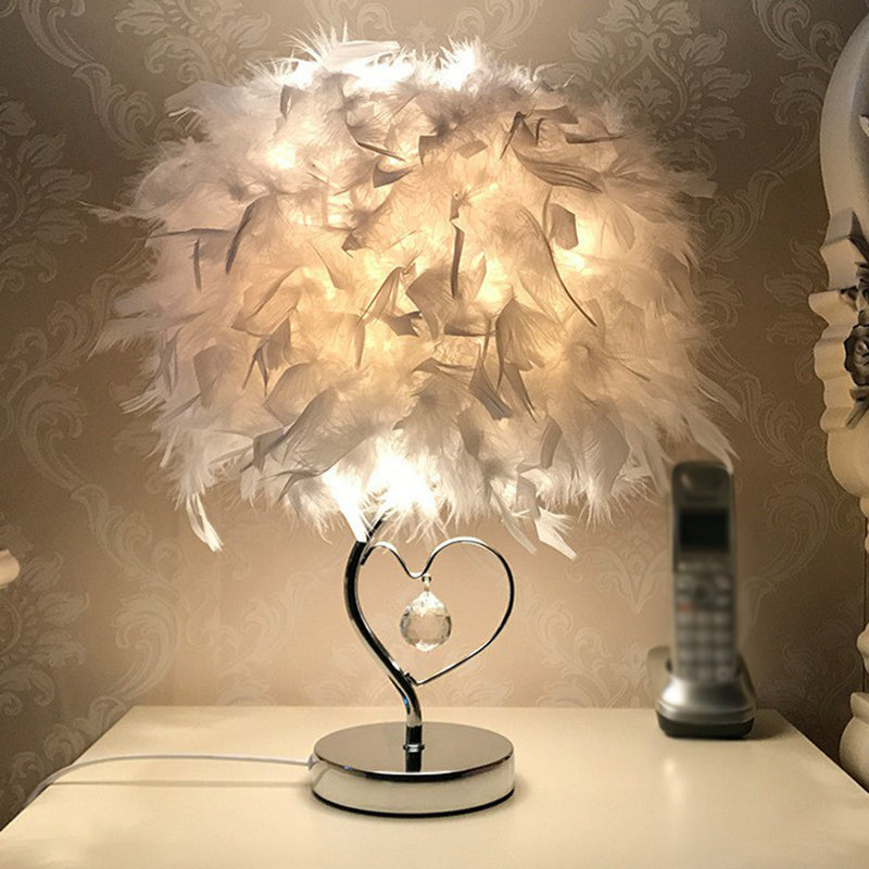 Cylinder Shaped Feather Table Lighting Nordic Single-Bulb Nightstand Lamp for Bedroom Silver White Clearhalo 'Lamps' 'Table Lamps' Lighting' 2365015