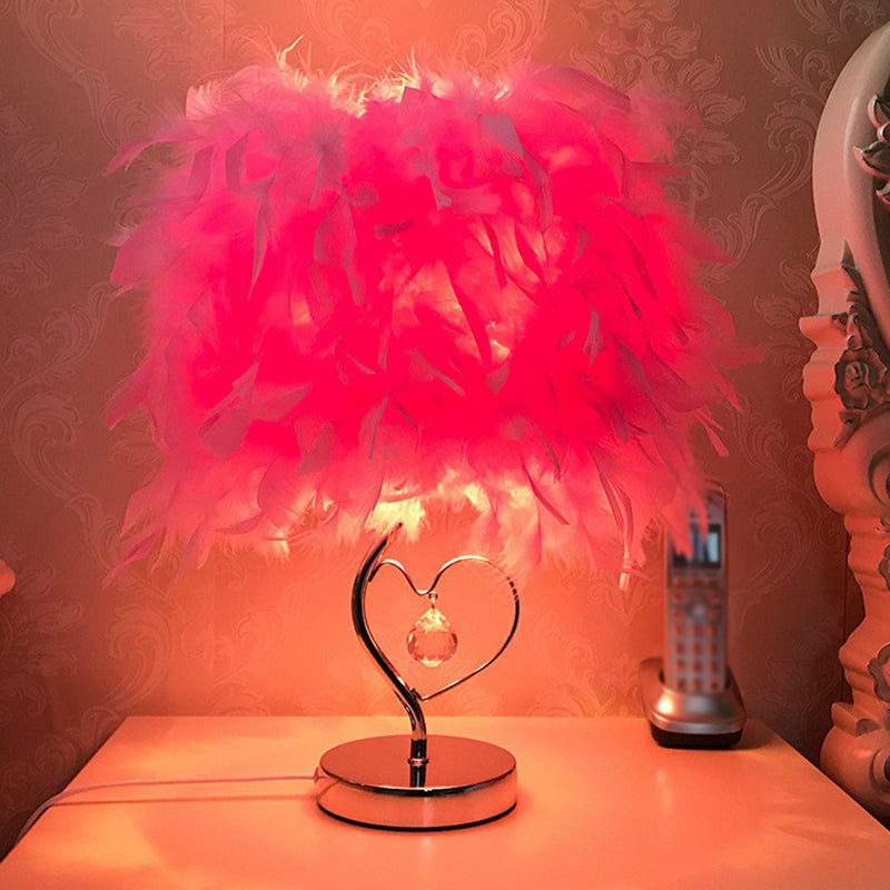 Cylinder Shaped Feather Table Lighting Nordic Single-Bulb Nightstand Lamp for Bedroom Silver Pink Clearhalo 'Lamps' 'Table Lamps' Lighting' 2365017