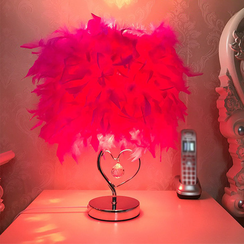 Cylinder Shaped Feather Table Lighting Nordic Single-Bulb Nightstand Lamp for Bedroom Silver Rose red Clearhalo 'Lamps' 'Table Lamps' Lighting' 2365019
