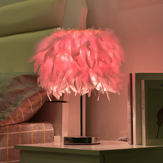 Cylindrical Bedroom Table Light Natural Feather Single-Bulb Nordic Nightstand Lamp Pink Tube Clearhalo 'Lamps' 'Table Lamps' Lighting' 2365023