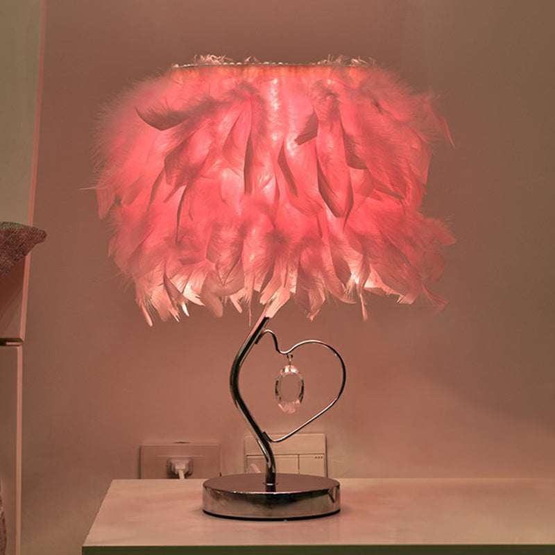 Cylindrical Bedroom Table Light Natural Feather Single-Bulb Nordic Nightstand Lamp Pink Loving Heart Clearhalo 'Lamps' 'Table Lamps' Lighting' 2365027