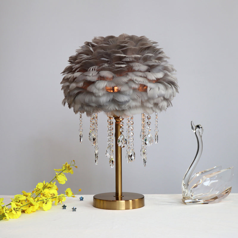 Modern Romantic Domed Table Lamp Feather 1-Light Bedside Night Light with Crystal Decor Grey Clearhalo 'Lamps' 'Table Lamps' Lighting' 2365041