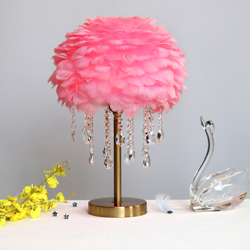 Modern Romantic Domed Table Lamp Feather 1-Light Bedside Night Light with Crystal Decor Pink Clearhalo 'Lamps' 'Table Lamps' Lighting' 2365042