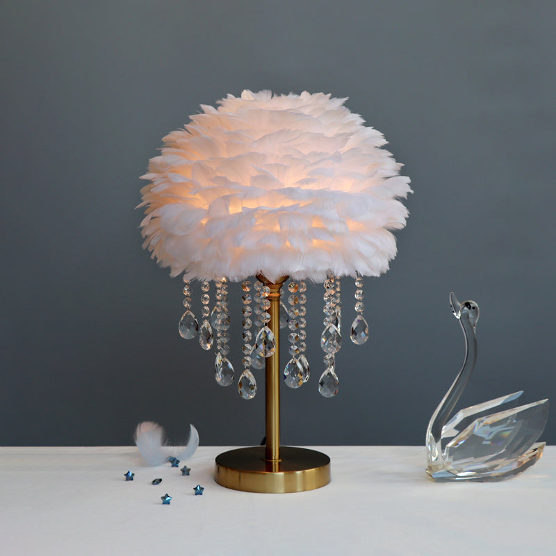 Modern Romantic Domed Table Lamp Feather 1-Light Bedside Night Light with Crystal Decor Clearhalo 'Lamps' 'Table Lamps' Lighting' 2365043
