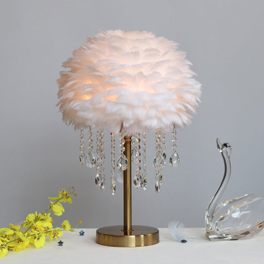 Modern Romantic Domed Table Lamp Feather 1-Light Bedside Night Light with Crystal Decor White Clearhalo 'Lamps' 'Table Lamps' Lighting' 2365044