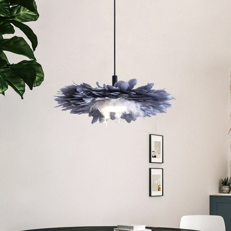 Floral Feather Hanging Light Fixture Artistic 1 Head Black and Blue Pendant Lamp for Bedroom Clearhalo 'Ceiling Lights' 'Modern Pendants' 'Modern' 'Pendant Lights' 'Pendants' Lighting' 2365064