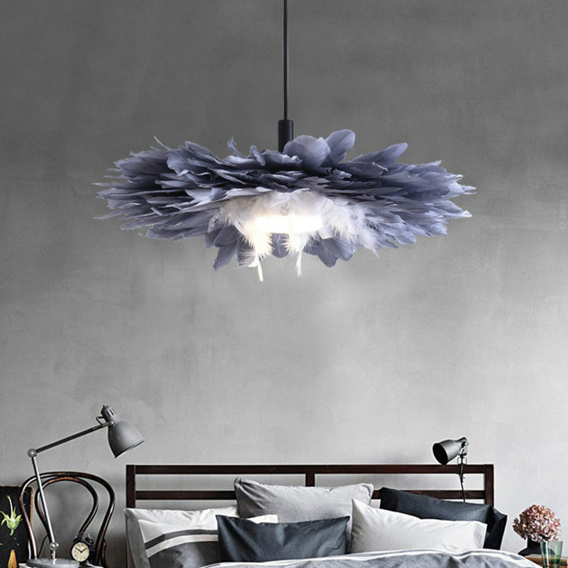 Floral Feather Hanging Light Fixture Artistic 1 Head Black and Blue Pendant Lamp for Bedroom Clearhalo 'Ceiling Lights' 'Modern Pendants' 'Modern' 'Pendant Lights' 'Pendants' Lighting' 2365065