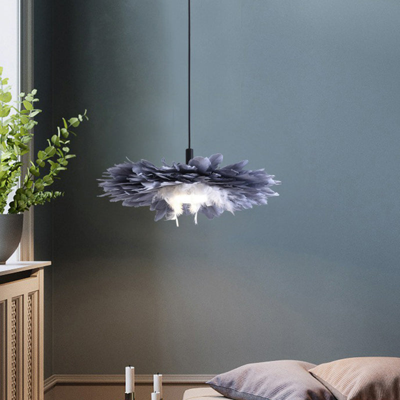 Floral Feather Hanging Light Fixture Artistic 1 Head Black and Blue Pendant Lamp for Bedroom Clearhalo 'Ceiling Lights' 'Modern Pendants' 'Modern' 'Pendant Lights' 'Pendants' Lighting' 2365066