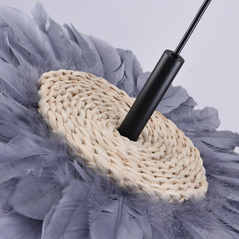 Floral Feather Hanging Light Fixture Artistic 1 Head Black and Blue Pendant Lamp for Bedroom Clearhalo 'Ceiling Lights' 'Modern Pendants' 'Modern' 'Pendant Lights' 'Pendants' Lighting' 2365067