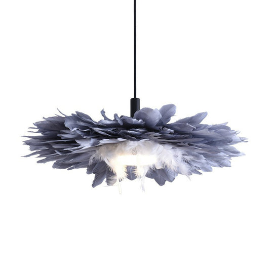 Floral Feather Hanging Light Fixture Artistic 1 Head Black and Blue Pendant Lamp for Bedroom Clearhalo 'Ceiling Lights' 'Modern Pendants' 'Modern' 'Pendant Lights' 'Pendants' Lighting' 2365068