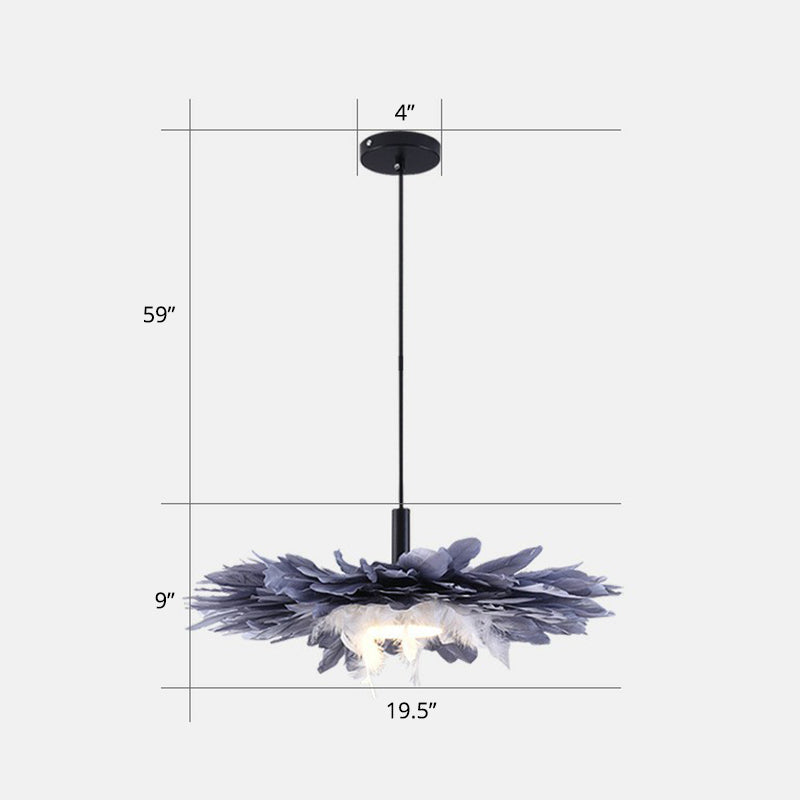 Floral Feather Hanging Light Fixture Artistic 1 Head Black and Blue Pendant Lamp for Bedroom Black 20" Clearhalo 'Ceiling Lights' 'Modern Pendants' 'Modern' 'Pendant Lights' 'Pendants' Lighting' 2365069
