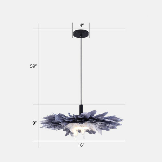 Floral Feather Hanging Light Fixture Artistic 1 Head Black and Blue Pendant Lamp for Bedroom Black 16" Clearhalo 'Ceiling Lights' 'Modern Pendants' 'Modern' 'Pendant Lights' 'Pendants' Lighting' 2365070