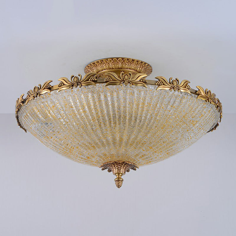 Antiqued Bowl Shaped Flush Light Clear Variegated Glass Semi Mount Lighting in Brass Clearhalo 'Ceiling Lights' 'Close To Ceiling Lights' 'Close to ceiling' 'Semi-flushmount' Lighting' 2365138