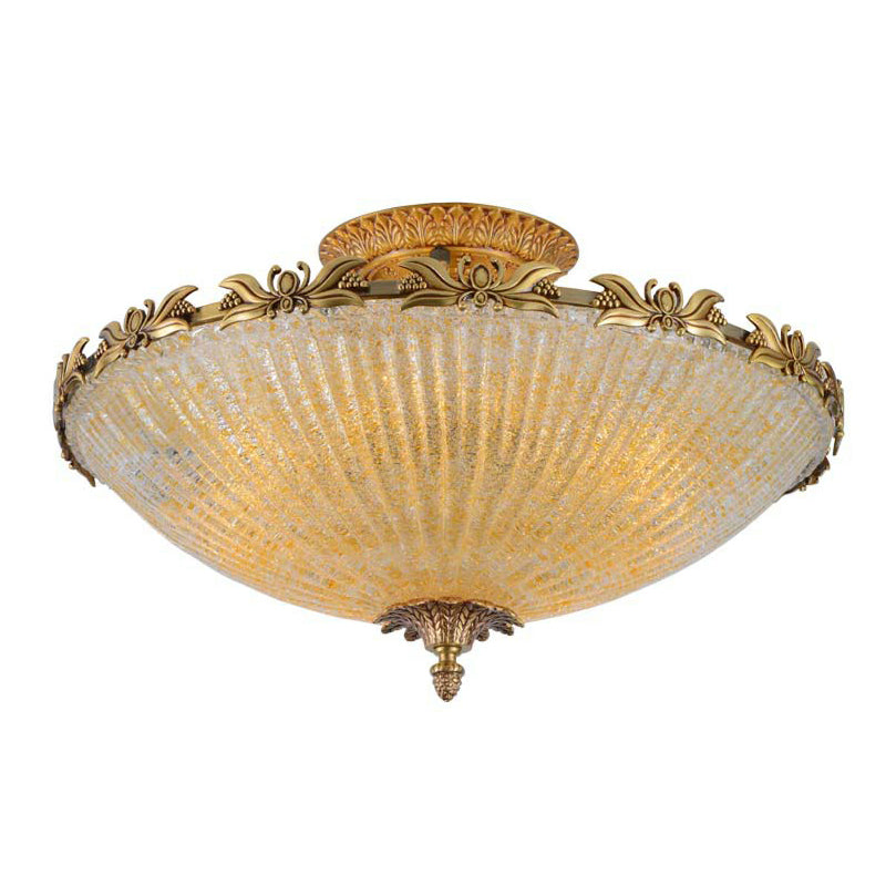 Antiqued Bowl Shaped Flush Light Clear Variegated Glass Semi Mount Lighting in Brass Clear 20.5" Clearhalo 'Ceiling Lights' 'Close To Ceiling Lights' 'Close to ceiling' 'Semi-flushmount' Lighting' 2365139